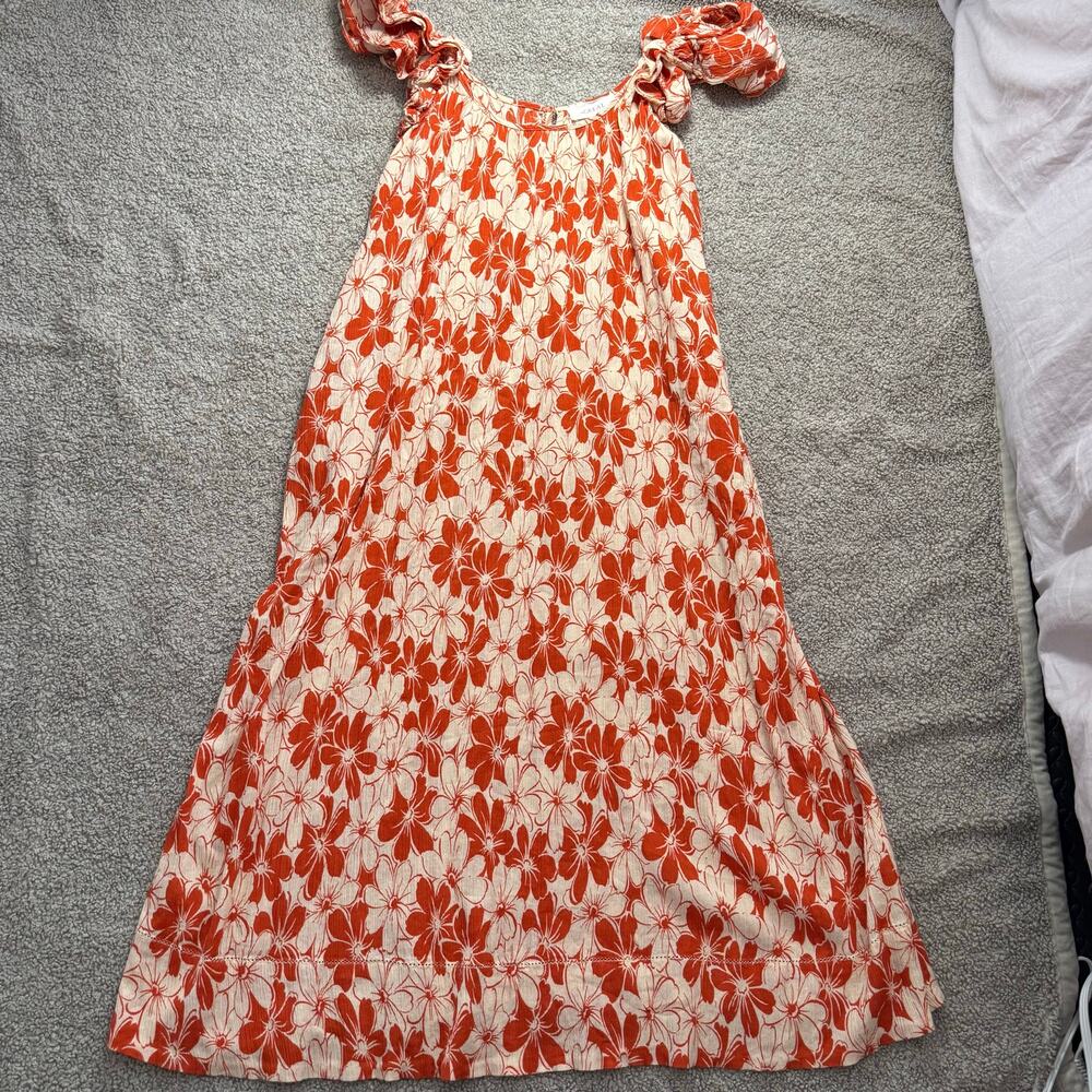 THE GREAT Cascade Dress Crepe Ruffle Sleeve Burnt Red Hibiscus Flower Print Maxi